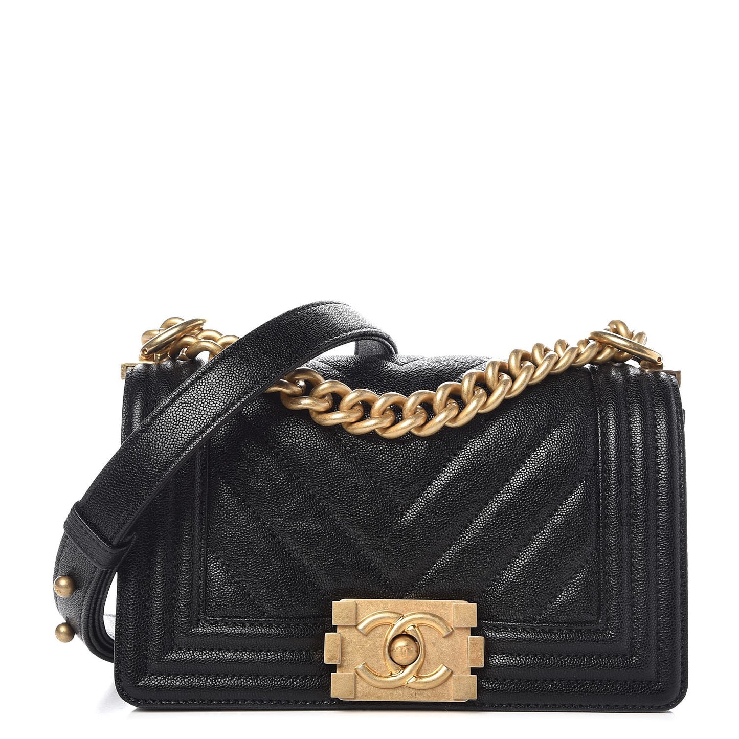 Caviar Chevron Quilted Small Boy Flap Black