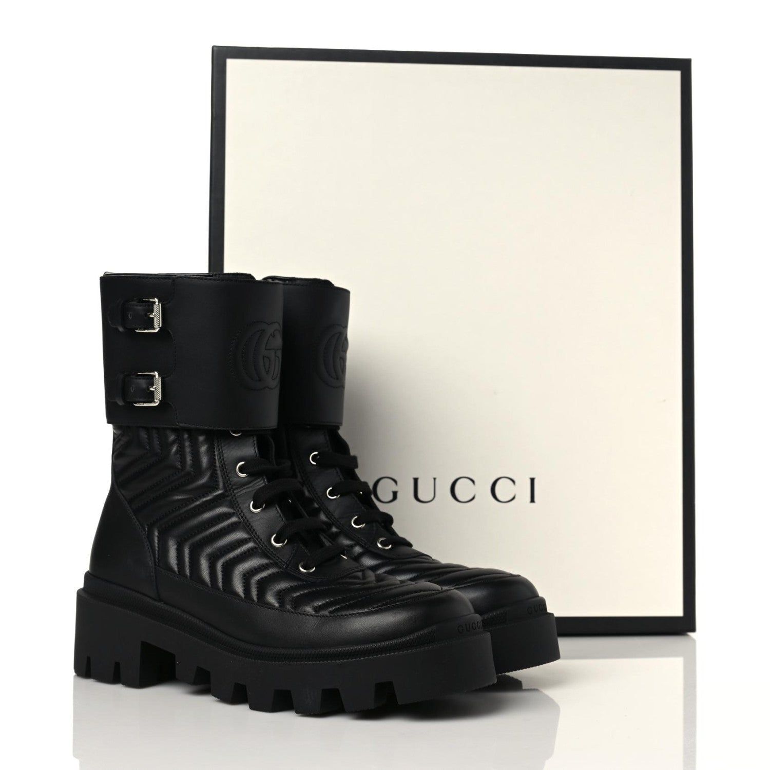 Gucci Nappa Frances GG Matelasse Platform Combat Boots 39 Black 5 of 11