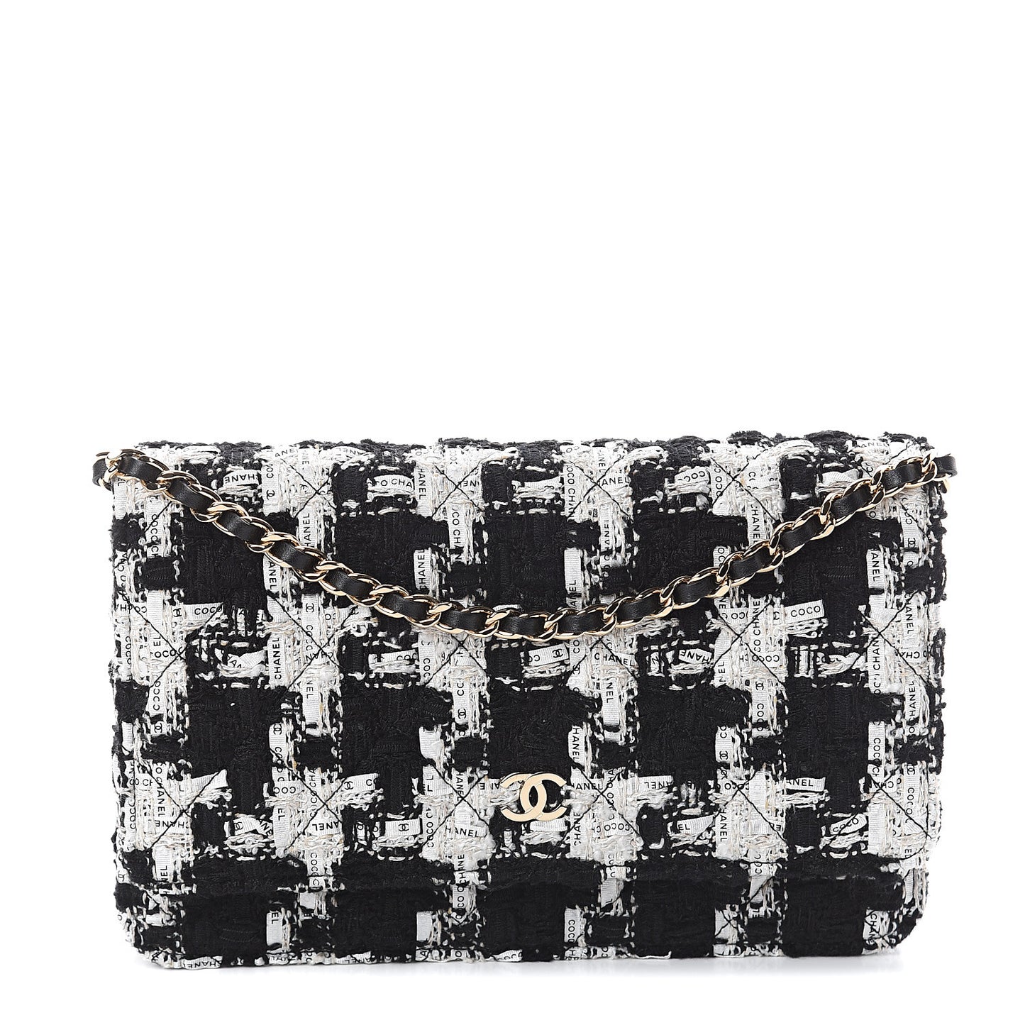 Tweed Quilted Wallet On Chain WOC Black Ecru White