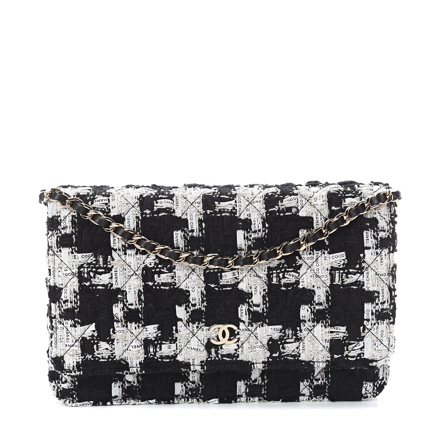 Chanel Tweed Quilted Wallet On Chain WOC Black Ecru White 1 of 9