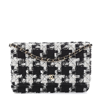 Chanel Tweed Quilted Wallet On Chain WOC Black Ecru White 1 of 9