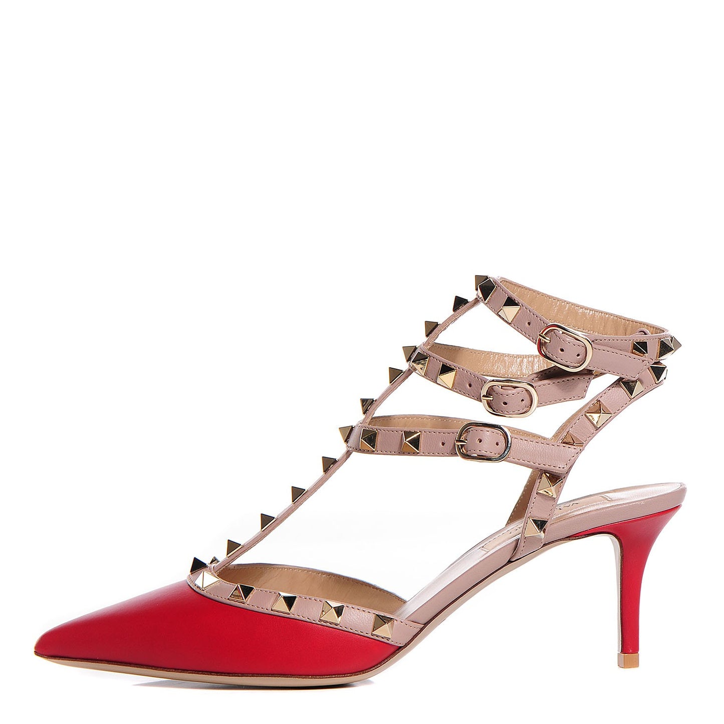Nappa Rockstud Ankle Strap Low Heel Pumps 38.5 Red Poudre