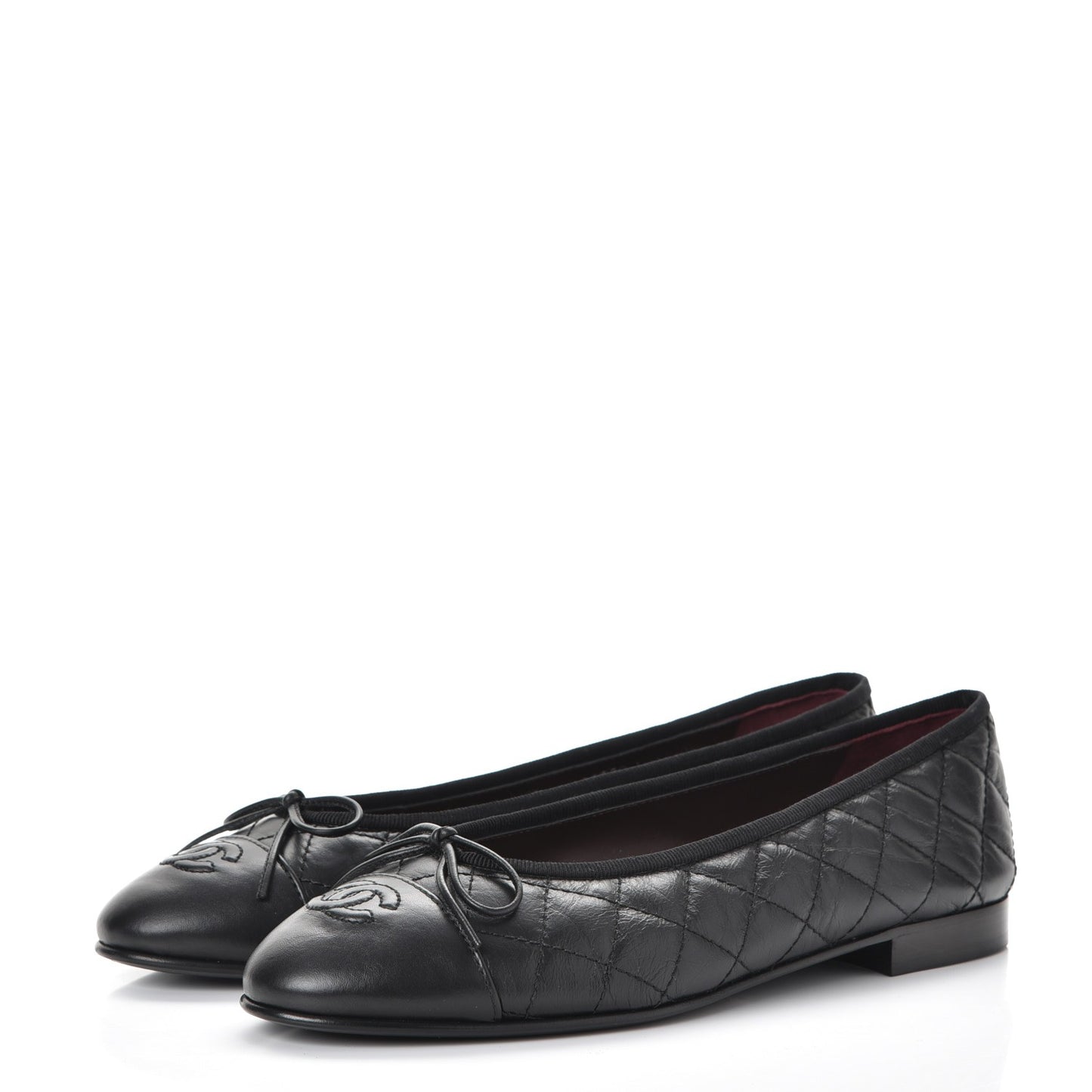 Aged Calfskin Quilted Cap Toe Ballerina Flats 39 Black