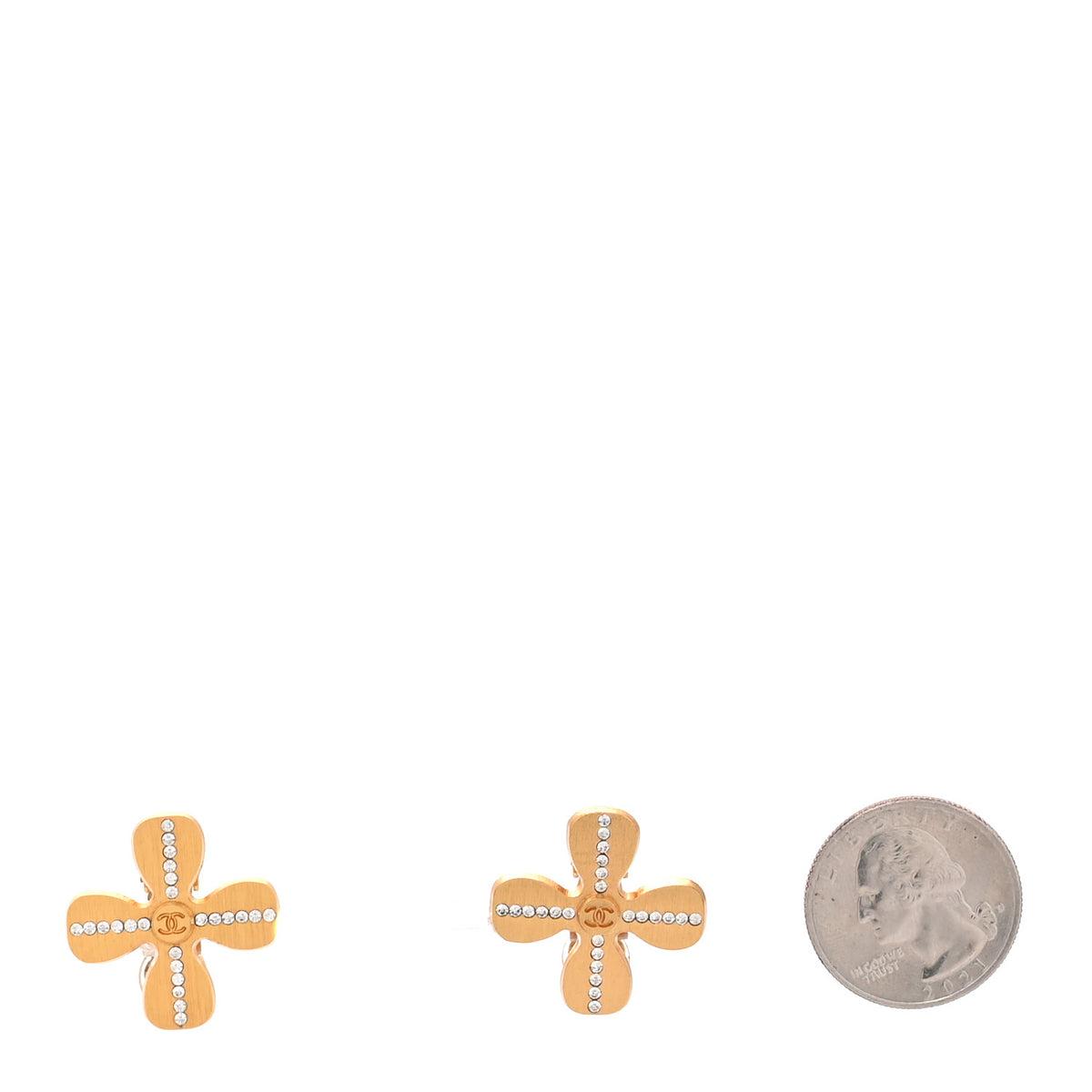 Metal Crystal Clover Clip On Earrings Gold