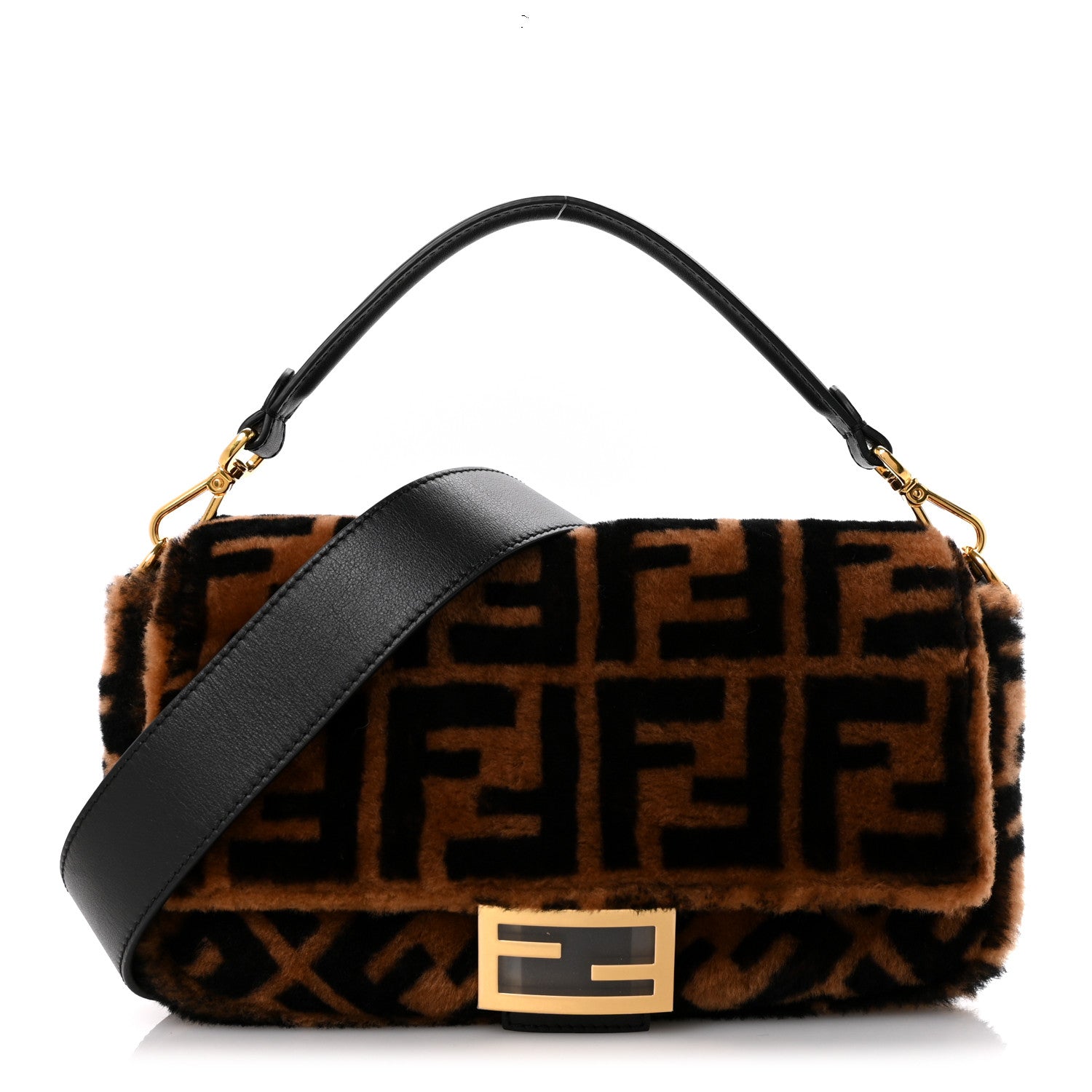 Fendi Shearling Vitello Dolce Macro FF 1974 Baguette Tobacco Black 1 of 10