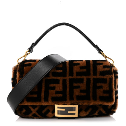 Fendi Shearling Vitello Dolce Macro FF 1974 Baguette Tobacco Black 1 of 10
