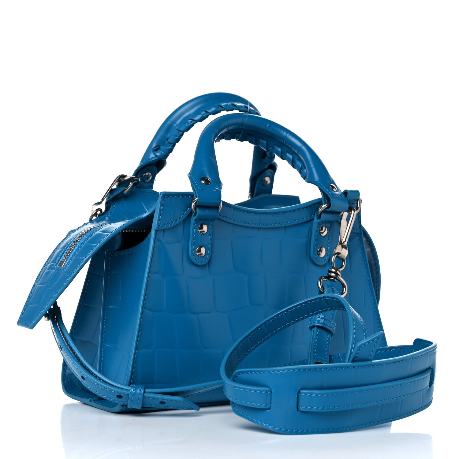 Balenciaga Semi Shiny Calfskin Crocodile Embossed Neo Classic Silver Hardware Mini City Turquoise 3 of 12
