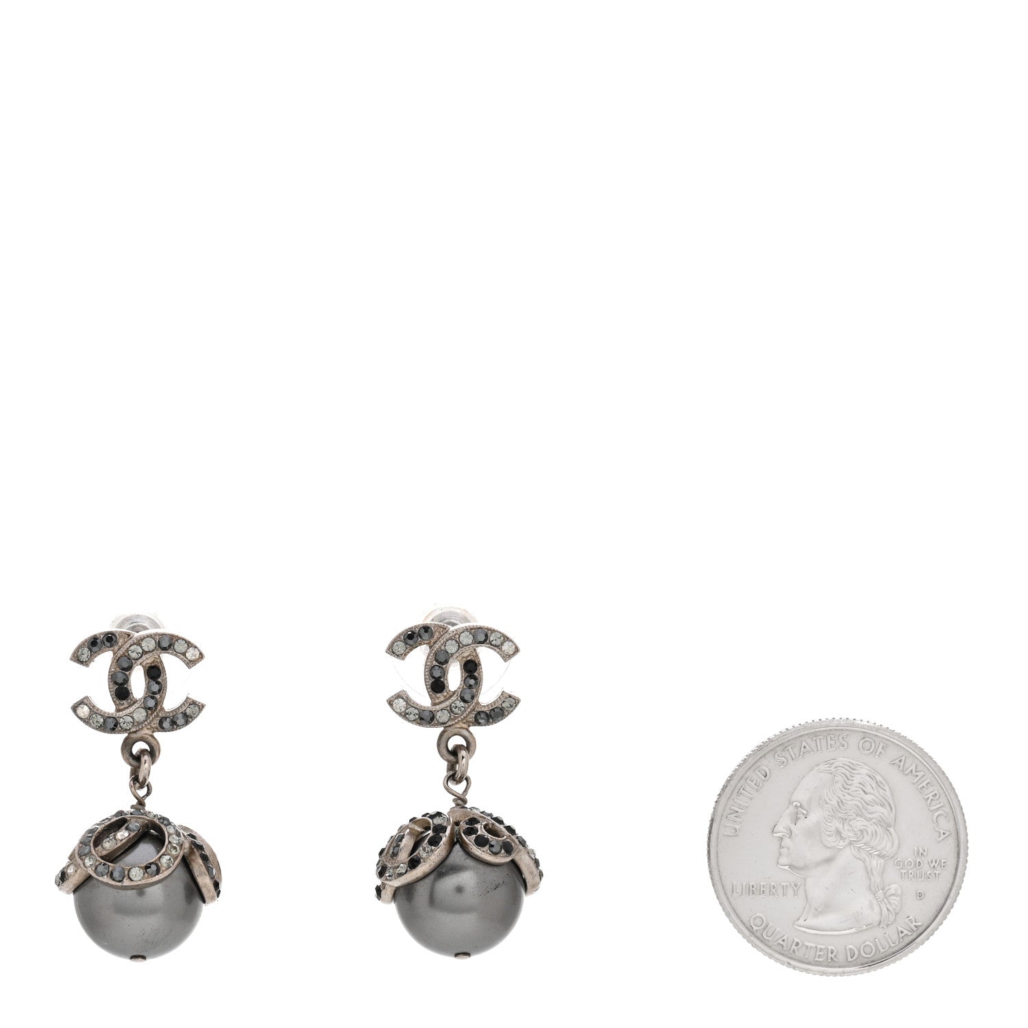 Chanel Crystal Pearl CC Drop Earrings Silver Grey 2 of 5