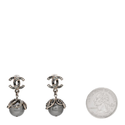 Chanel Crystal Pearl CC Drop Earrings Silver Grey 2 of 5