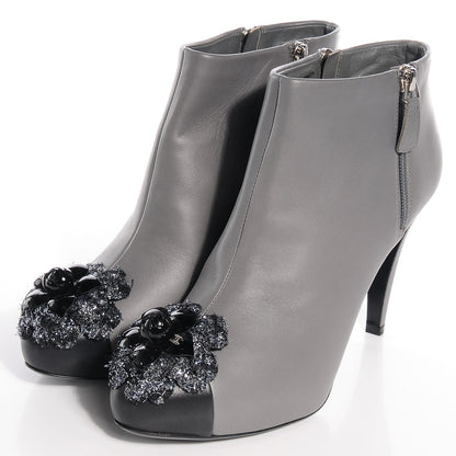 Chanel Leather Cap Toe Camellia Boots 40 Grey Black 2 of 8