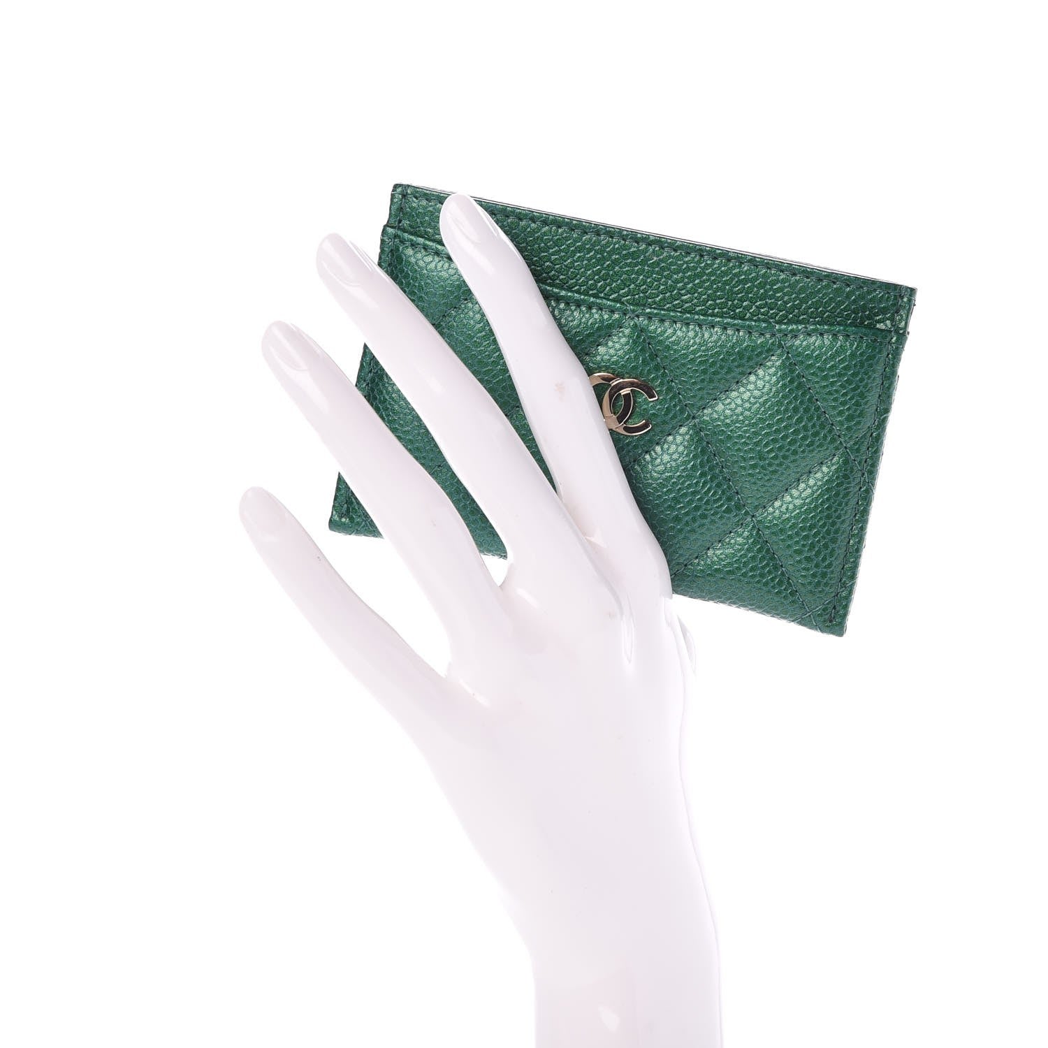 Chanel Metallic Caviar Quilted Card Holder Green 2 of 9