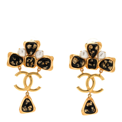 Chanel Resin Pearl Gripoix CC Drop Earrings Gold Black Pearly White 1 of 4