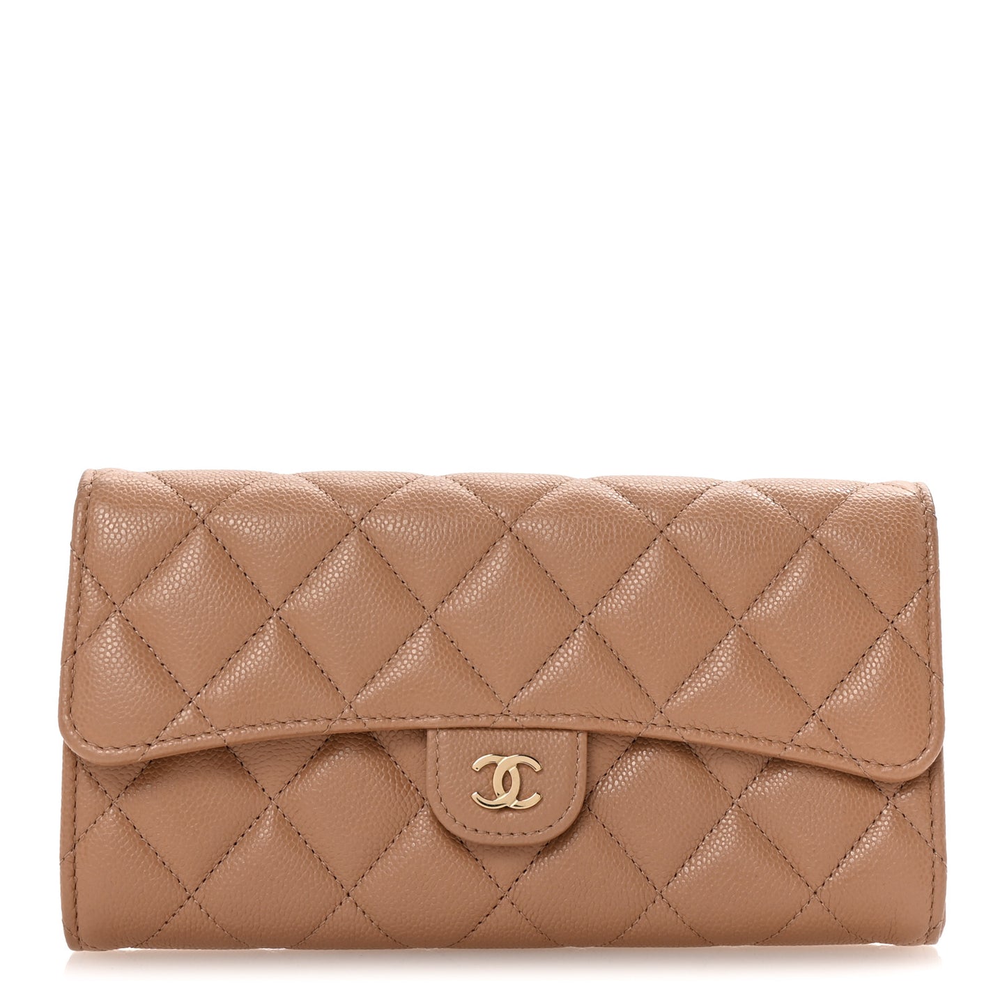 Caviar Quilted Large Gusset Flap Wallet Beige