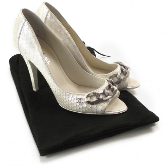 Chanel Python CC Peep Toe Heels 38 Pearl 4 of 10