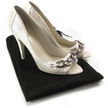 Chanel Python CC Peep Toe Heels 38 Pearl 4 of 10