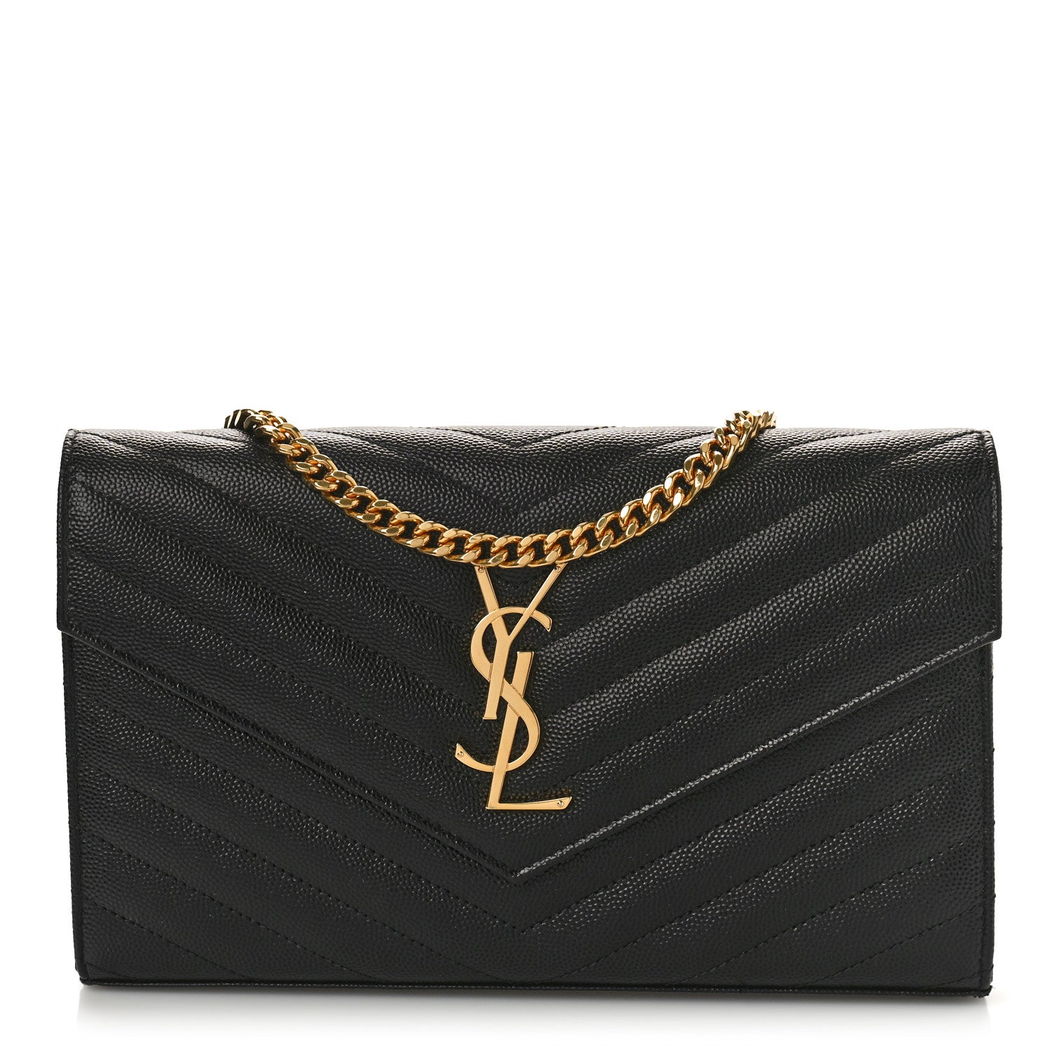 Saint Laurent Grain De Poudre Matelasse Chevron Monogram Chain Wallet Black 1 of 9