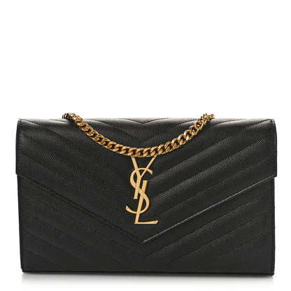 Saint Laurent Grain De Poudre Matelasse Chevron Monogram Chain Wallet Black 1 of 9