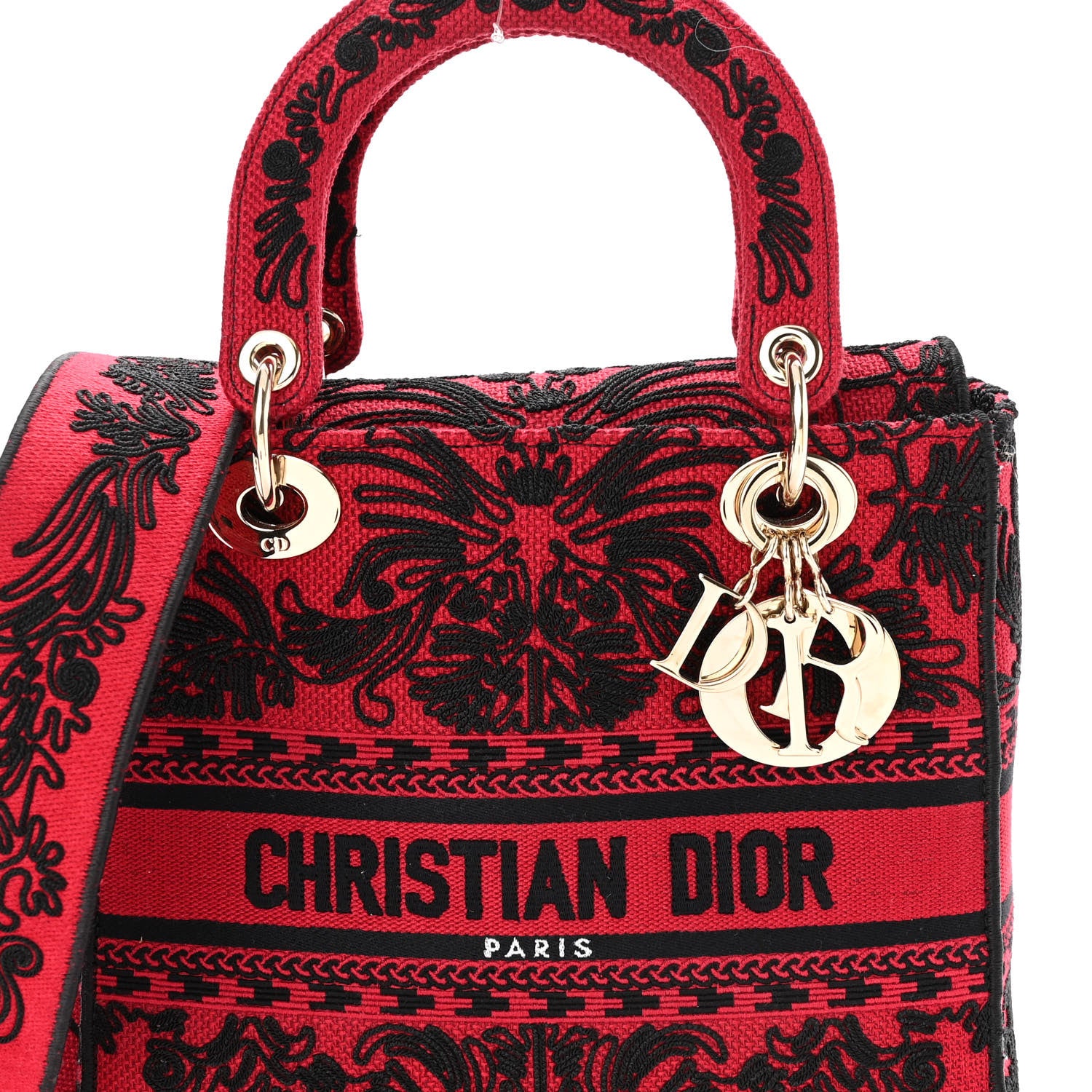Christian Dior Canvas Embroidered Ornamental Cornely Medium Lady D-Lite Red Black 7 of 9