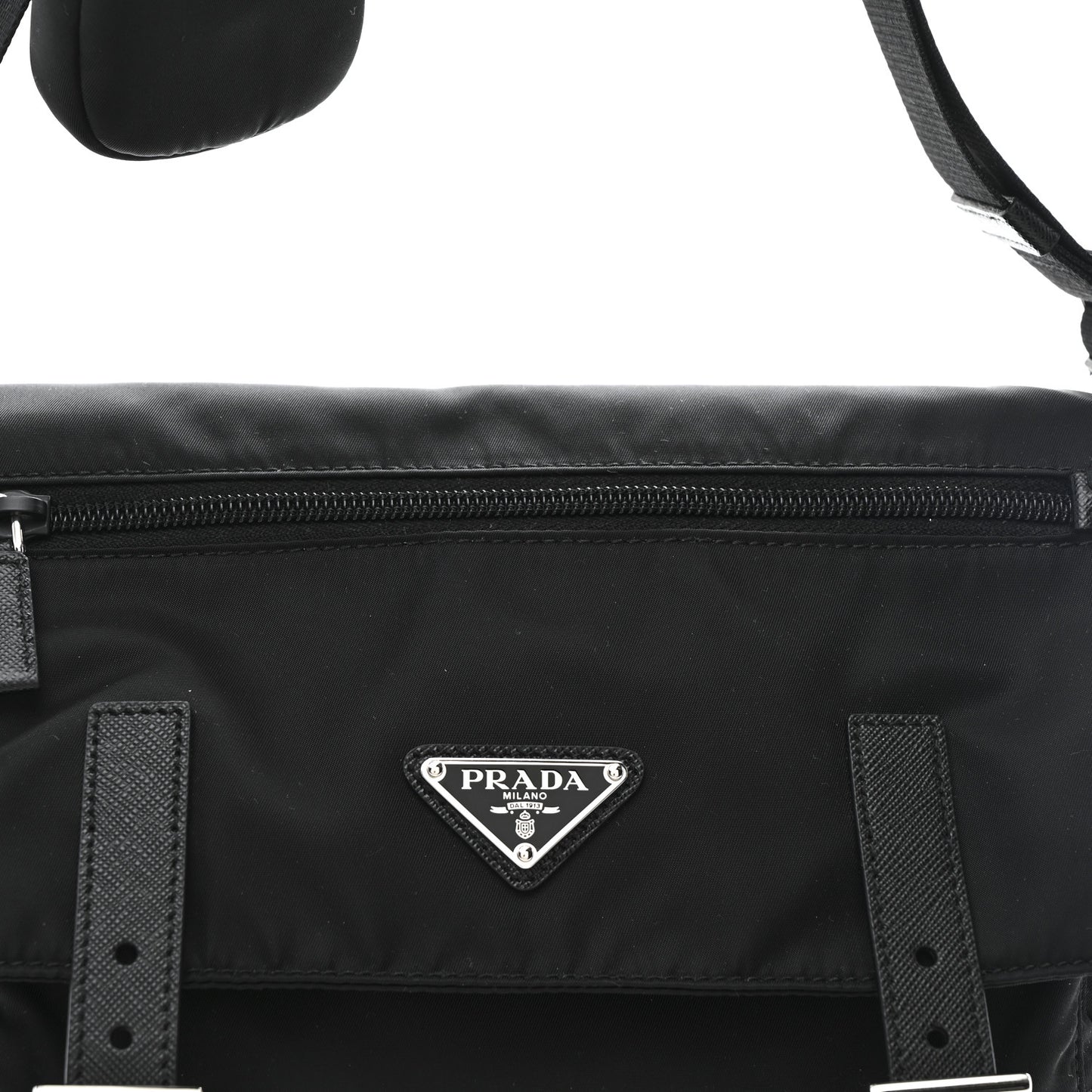 Re-Nylon Vela Saffiano Pocket Double Buckle Messenger Shoulder Bag Black