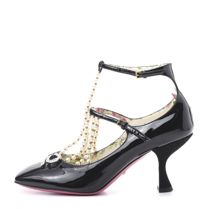 Gucci Patent Pearl Taide T-Strap Mid Heel Pumps 37 Black 1 of 10