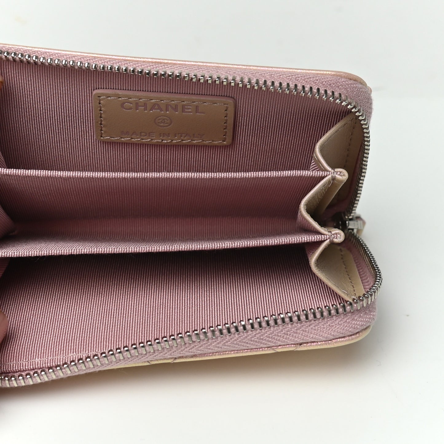 Metallic Calfskin Quilted Zip Around Coin Purse Wallet Pink