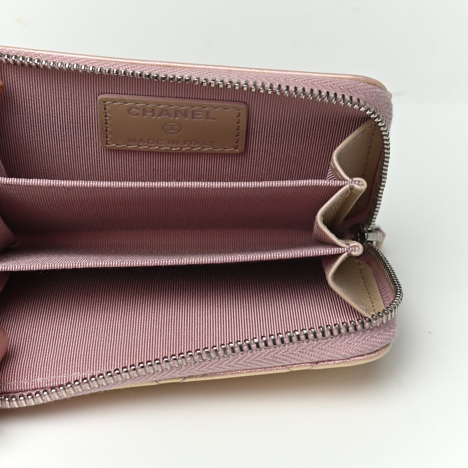 Chanel Metallic Calfskin Quilted Zip Around Coin Purse Wallet Pink 5 of 10