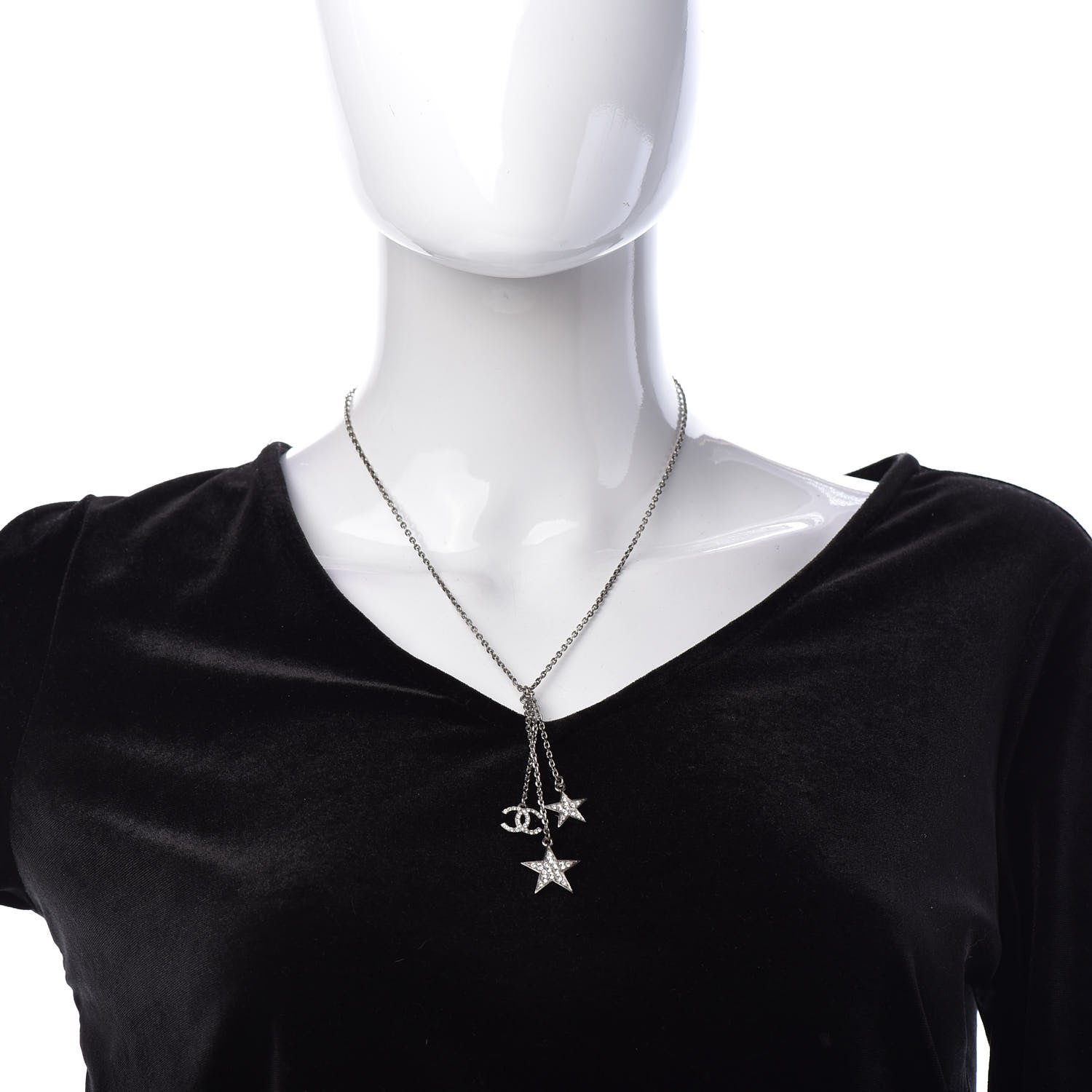 Chanel Crystal Glitter Enamel CC Star Drop Necklace Silver 2 of 5