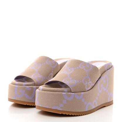 Gucci Monogram Jumbo GG Platform Slide Wedge Sandals 38 Beige Lapis 3 of 9