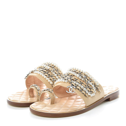 Chanel Lambskin Pearl Chain Flat Sandals 36 Beige 3 of 7