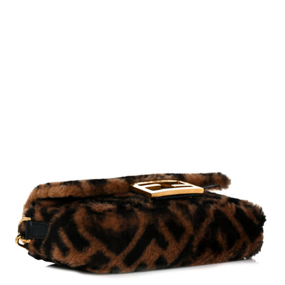 Fendi Shearling Vitello Dolce Macro FF 1974 Mini Baguette Tobacco Black 4 of 9