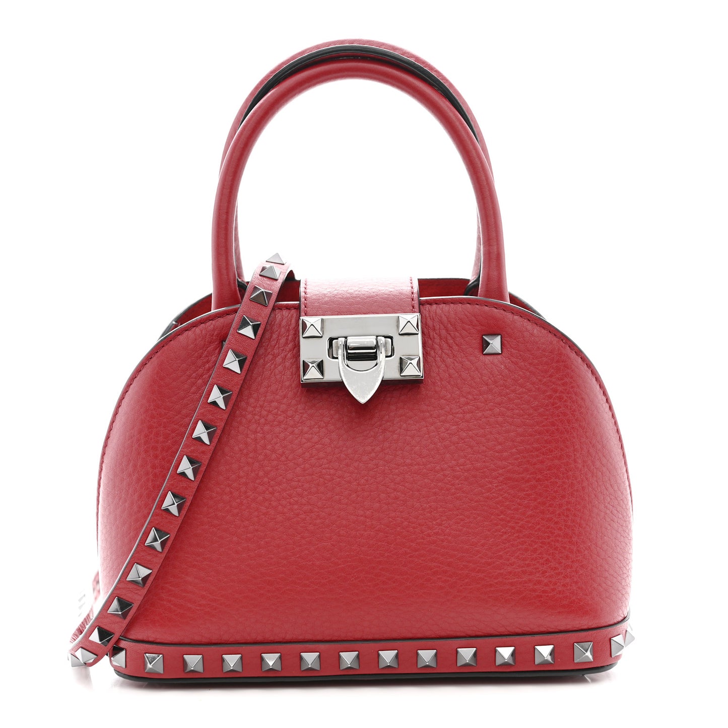 Grainy Calfskin Small Rockstud Double Top Handle Bag Rosso Valentino
