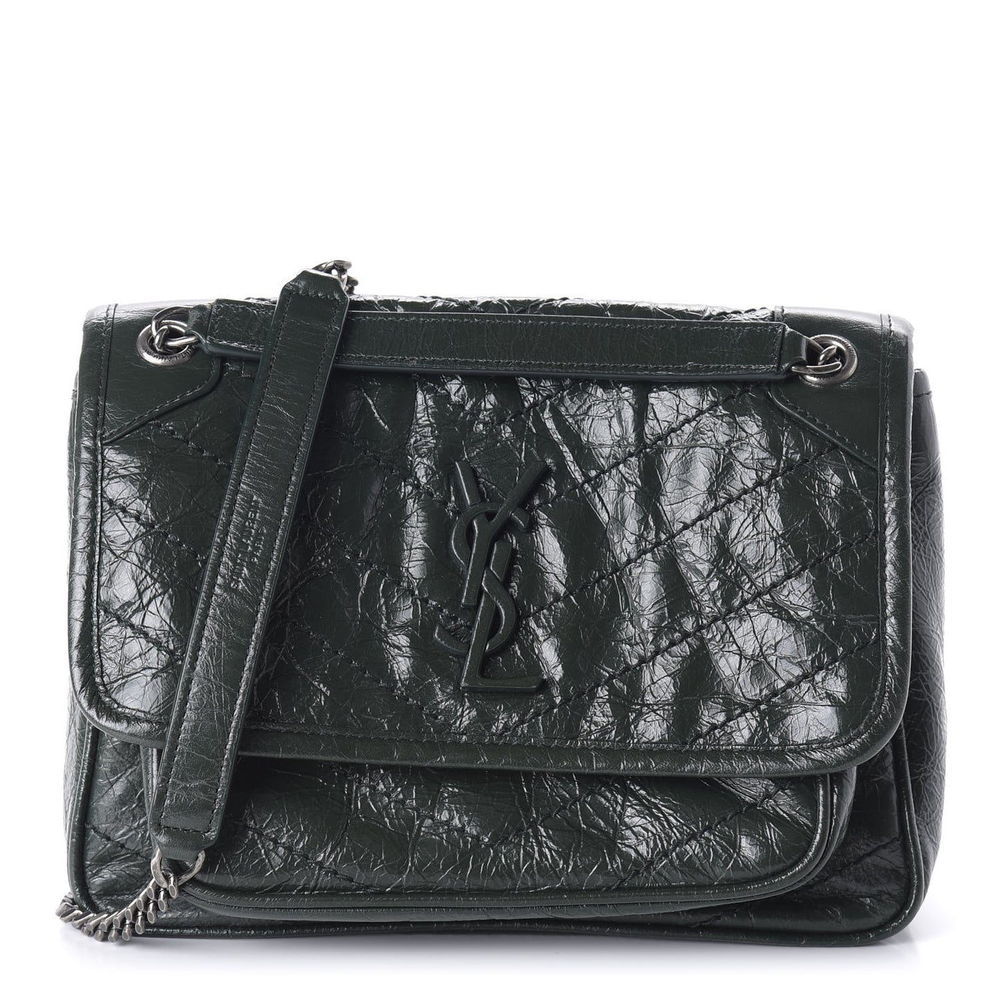 Crinkled Calfskin Matelasse Monogram Baby Niki Chain Satchel Dark Green