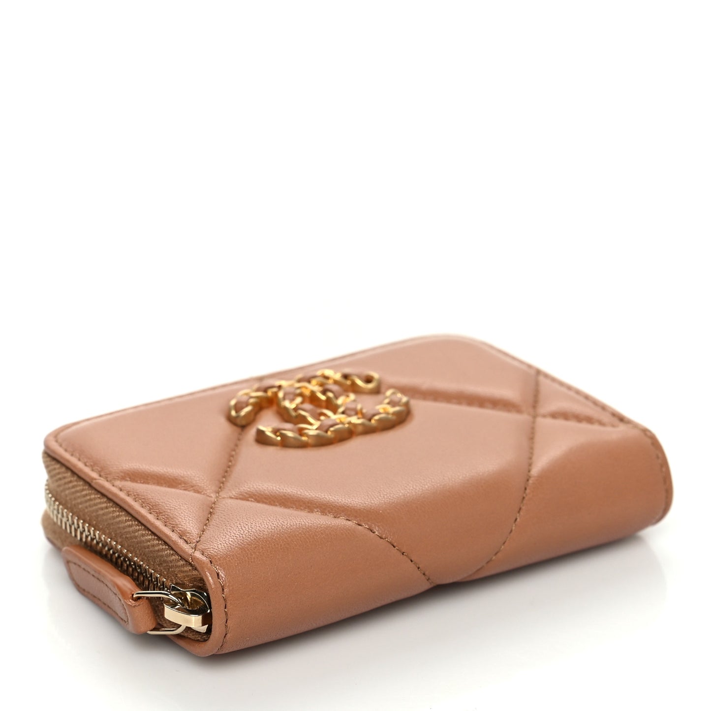 Lambskin Quilted Chanel 19 Zip Around Coin Purse Wallet Brown