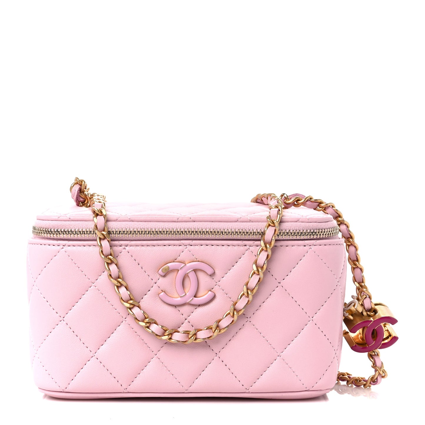 Lambskin Enamel Quilted Small Vanity Case With Chain Pink