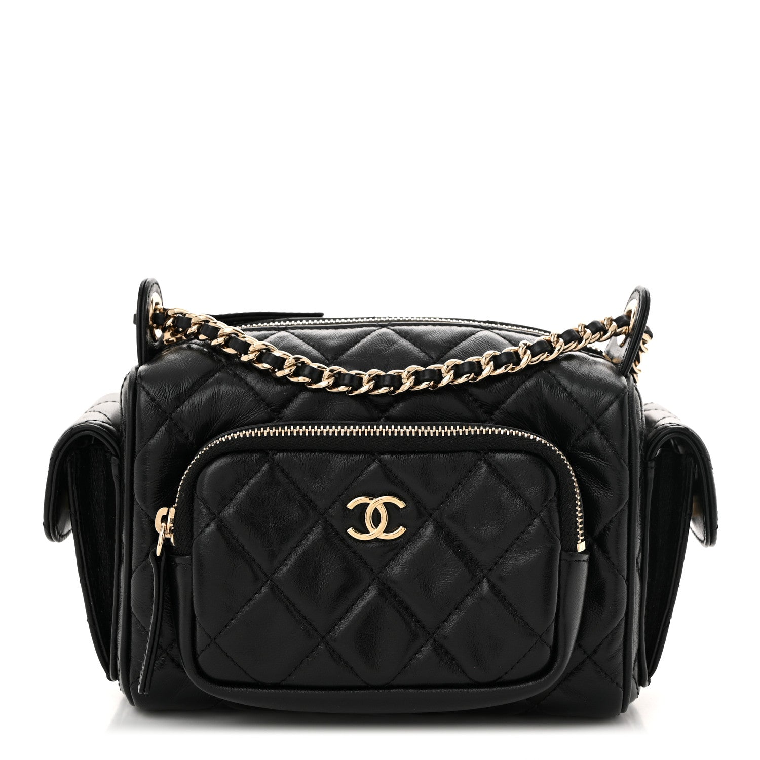 Chanel Shiny Crumpled Lambskin Quilted Small Preppy Pocket Camera Case Black 1 of 12
