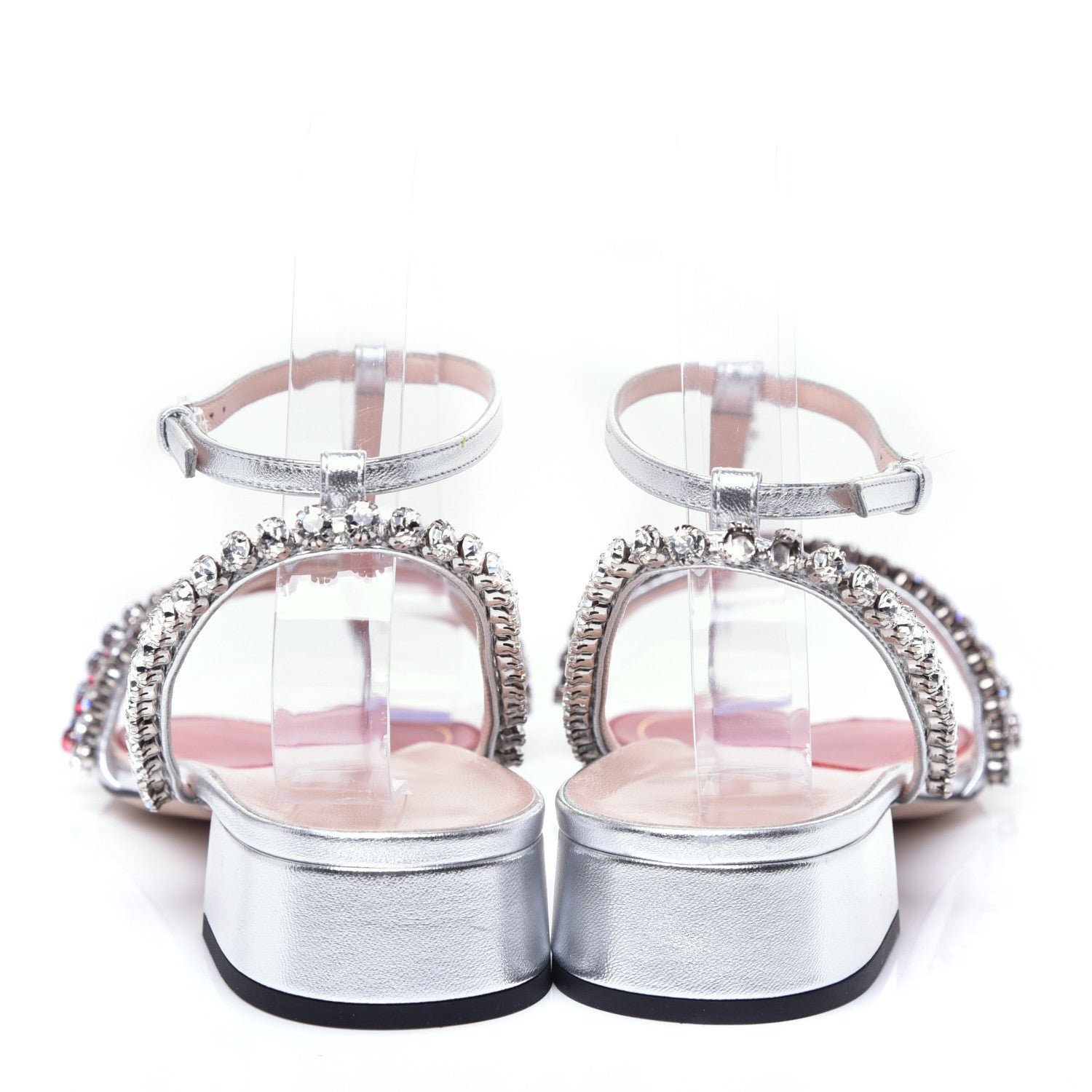 Gucci Nappa Silk Crystal Bertie T-Strap Low Heel Sandals 39 Argento 6 of 13