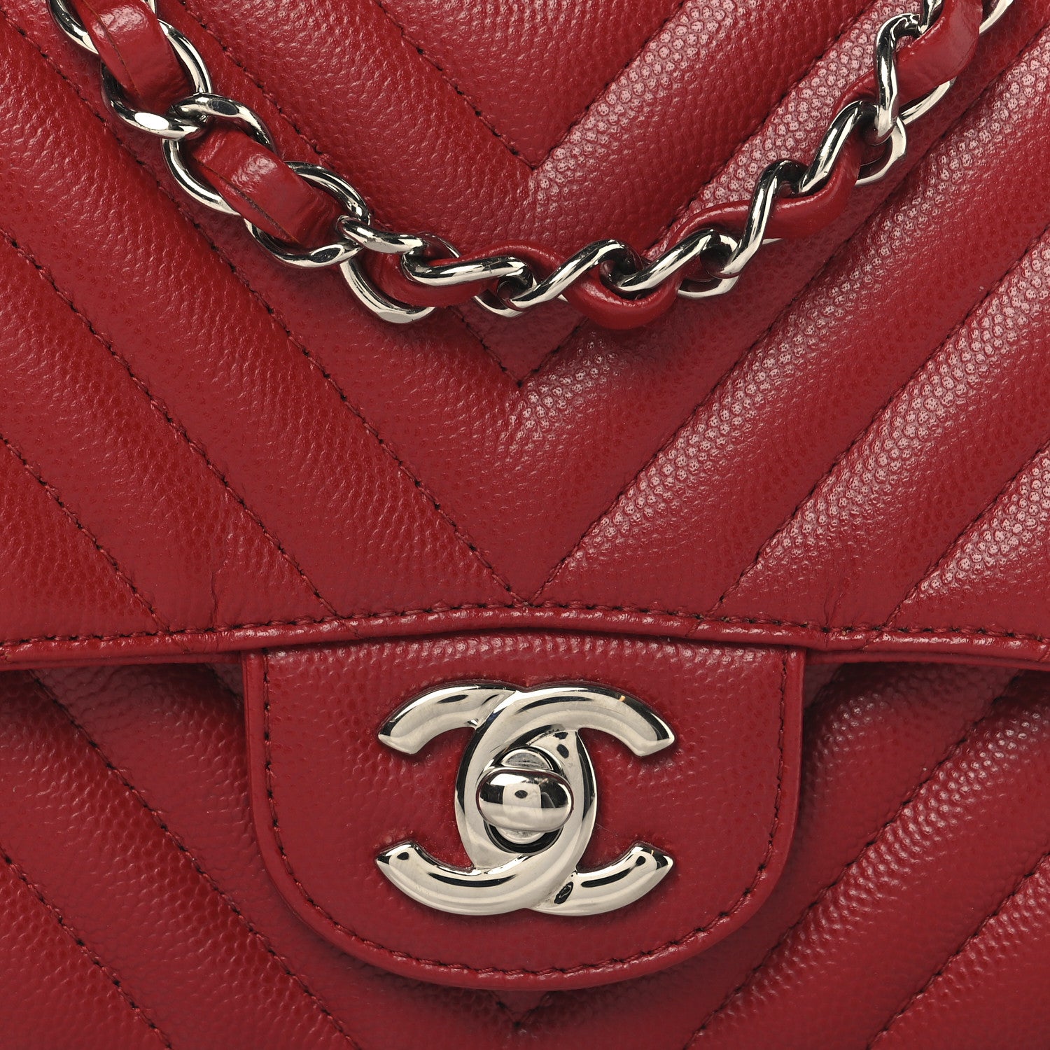 Chanel Caviar Chevron Quilted Mini Square Flap Red 8 of 11