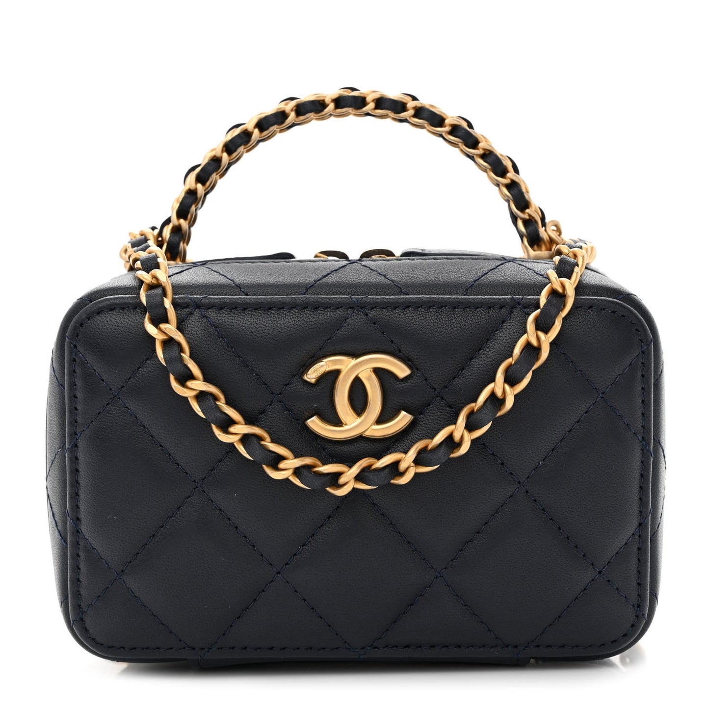 Lambskin Quilted Chain Top Handle Vanity Case Blue