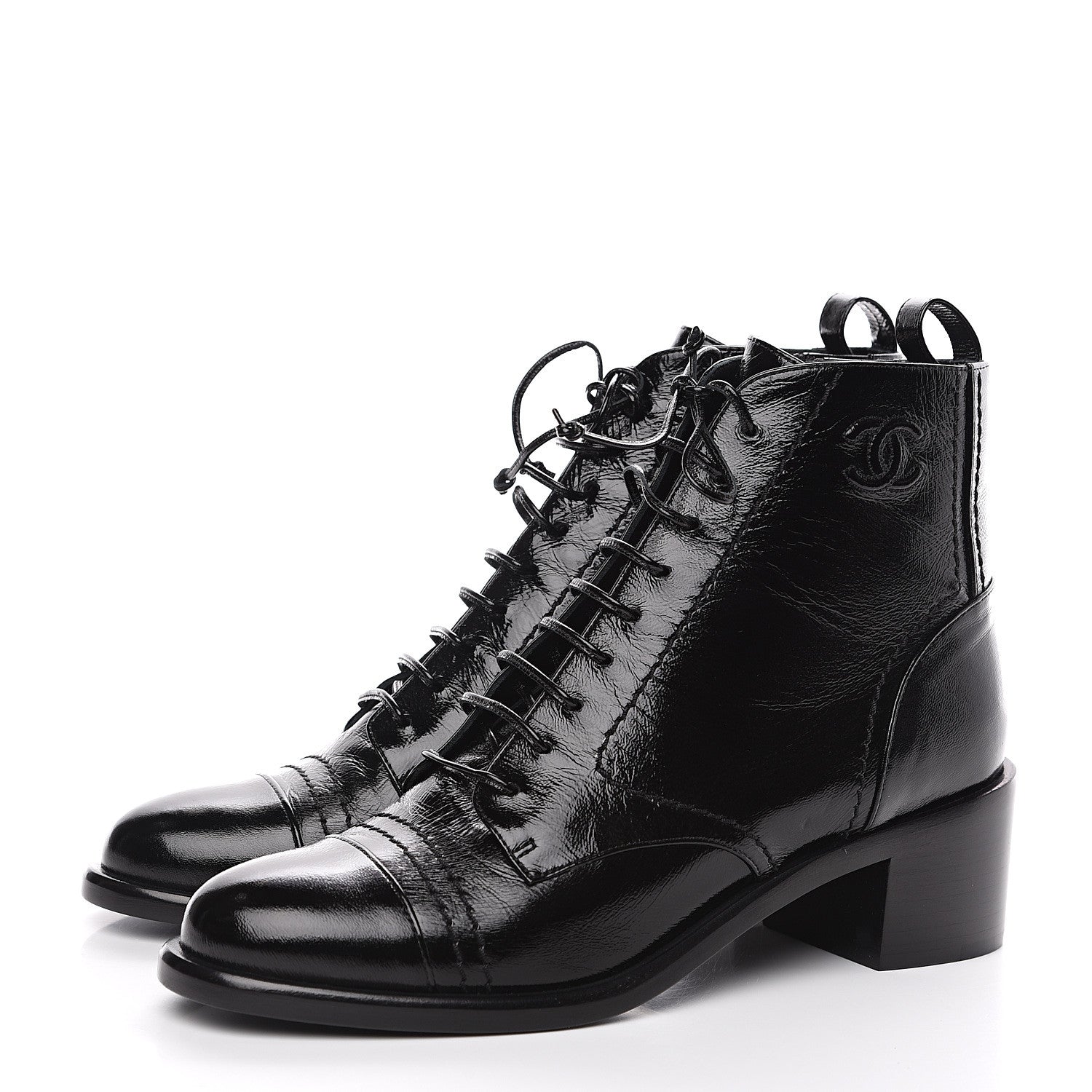 Chanel Shiny Lambskin Lace Up Combat Short Boots 38.5 Black 3 of 7
