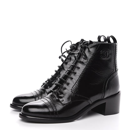 Chanel Shiny Lambskin Lace Up Combat Short Boots 38.5 Black 3 of 7