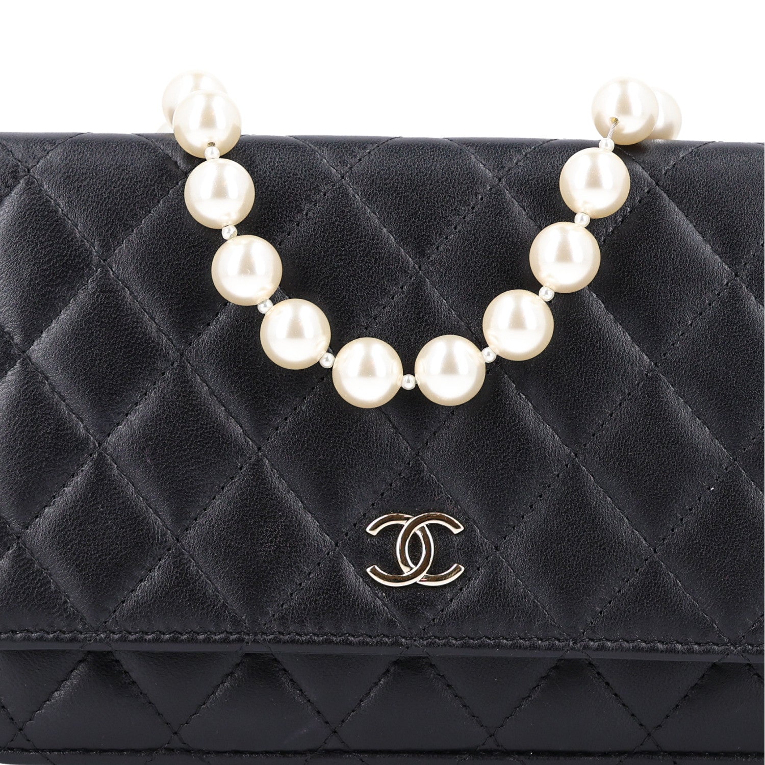 Chanel Lambskin Quilted Pearl Wallet On Chain WOC Black 9 of 11