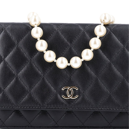 Chanel Lambskin Quilted Pearl Wallet On Chain WOC Black 9 of 11