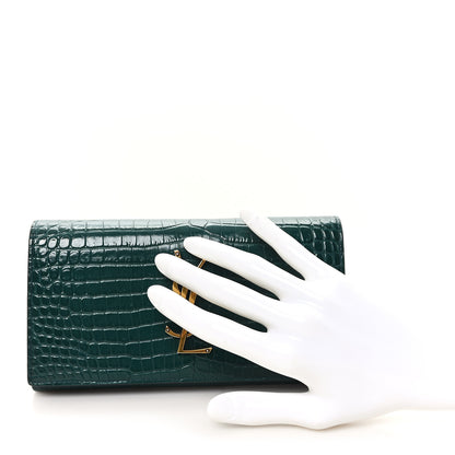 Saint Laurent Calfskin Crocodile Embossed Large Monogram Flap Wallet Green 2 of 7