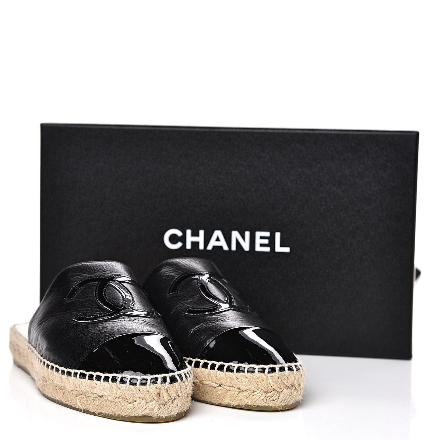 Goatskin Patent CC Espadrille Mules 36 Black