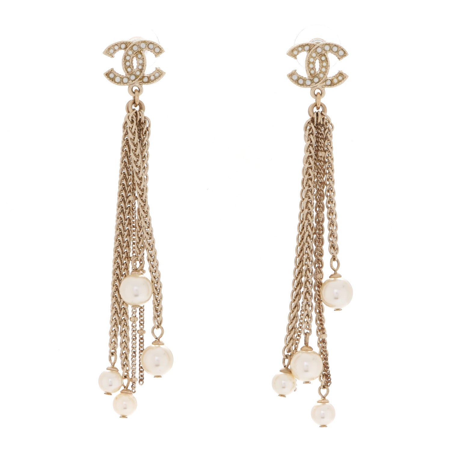 Chanel Glass Pearl CC Long Drop Earrings Gold 1 of 5