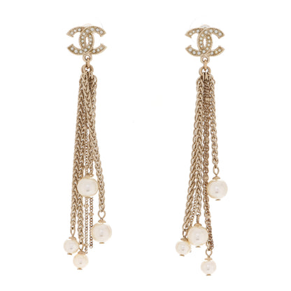 Chanel Glass Pearl CC Long Drop Earrings Gold 1 of 5