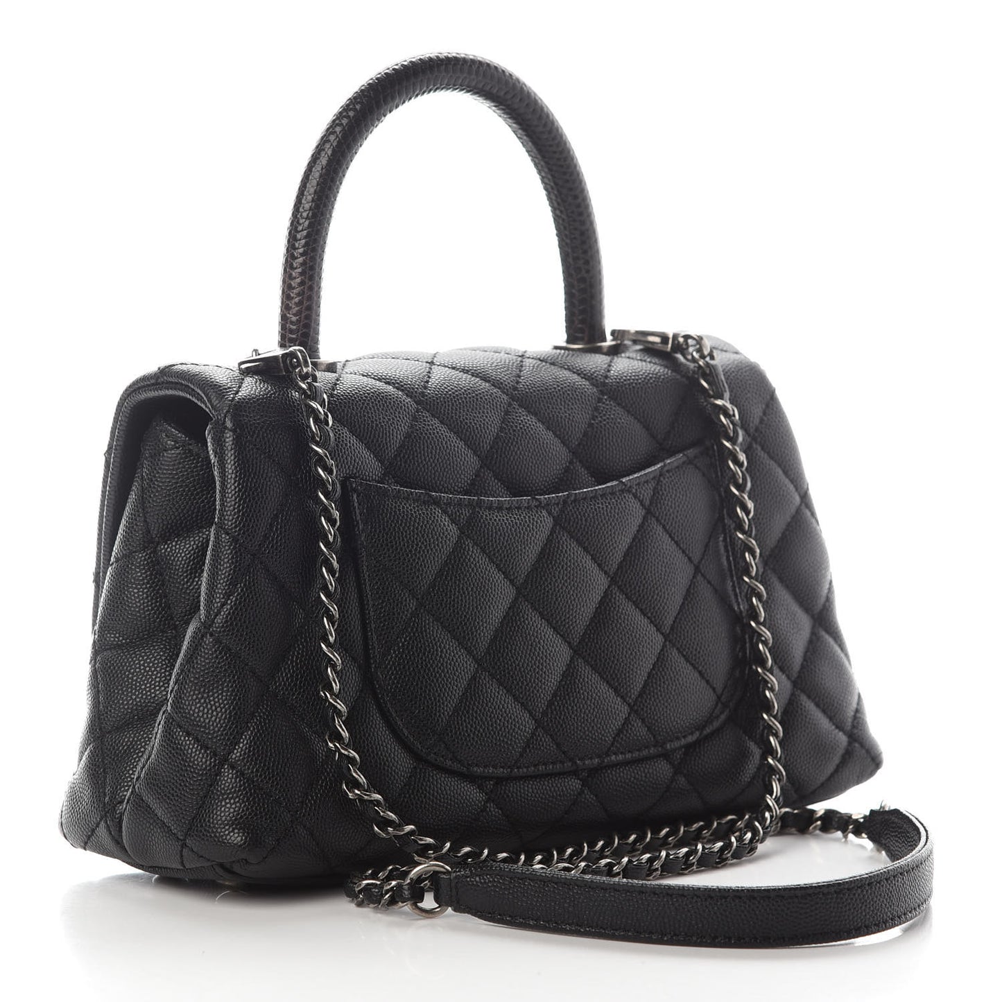 Caviar Lizard Embossed Quilted Mini Coco Handle Flap Black