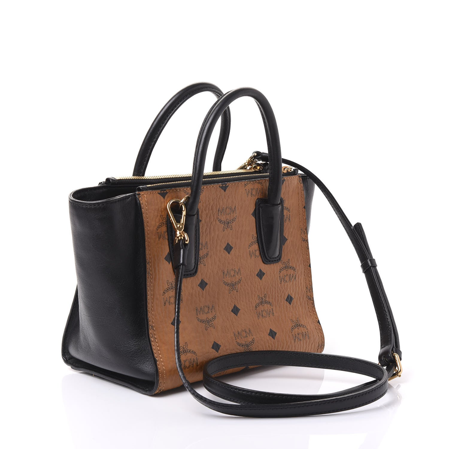 MCM Visetos Small Kathy Double Zip Tote Cognac Black 2 of 11