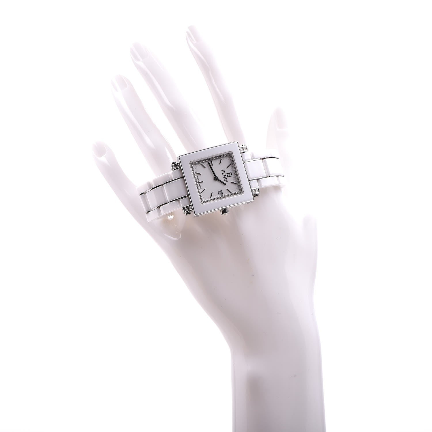 Fendi Stainless Steel Ceramic Diamond Bezel 30mm Quadro Quartz Watch White 2 of 7