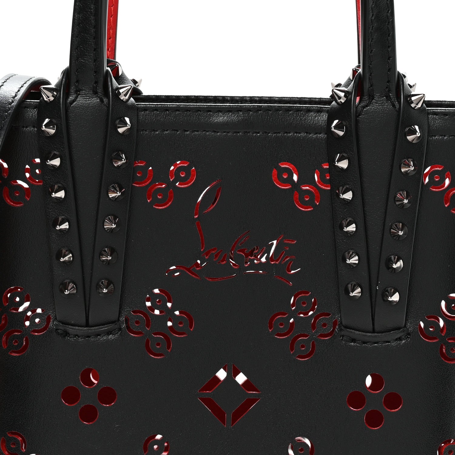 Christian Louboutin Calfskin Loubinthesky Perforated Spikes Mini North South Cabata Tote Black 8 of 11